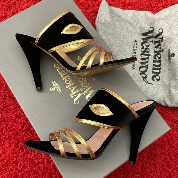 Vivienne Westwood NWT MASCHEREDE hells in blk Velvet and gold leather IT37 - Picture 12 of 13